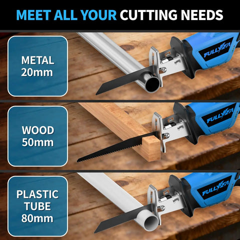 Cordless Reciprocating Saw Featuring Variable Speed Up To 3500 SPM For Smooth Tear Through Steel And Lumber Comes With Twin 2 Ah Batteries For Legit Heavy Duty Job Site Grind showing cutting through metal, wood, and plastic tube.