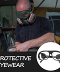 Heavy Duty Flip Up Auto Darkening Welding Goggles Rock Solid Impact Resistant Safety Glasses worn while grinding metal.