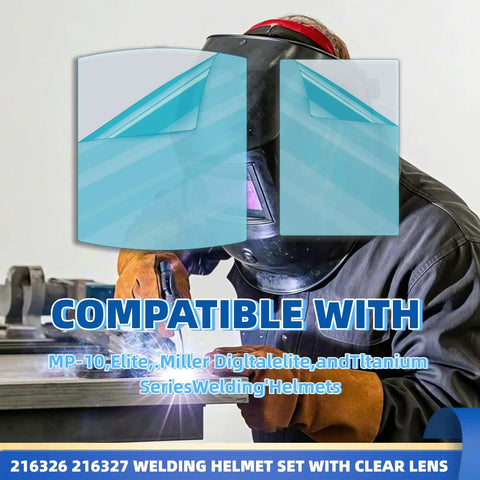 Rock Solid Clear Replacement Welding Helmet Lenses Featuring Heavy Duty Polycarbonate Build With Tough As Nails Clarity For Daily Trade Jobs Complete Twenty Piece Replacement Kit, dual clear lenses viewed with welder.