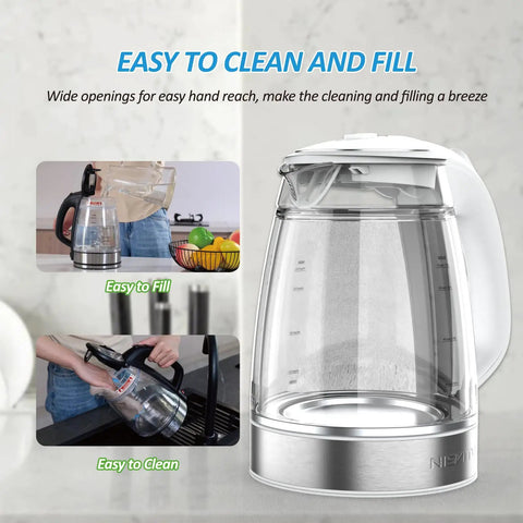 Dual Wall Cool Touch Electric Kettle With Borosilicate Glass Inner, 1.7L, 1500W Fast Boil, Cordless Hot Water Boiler, BPA Free