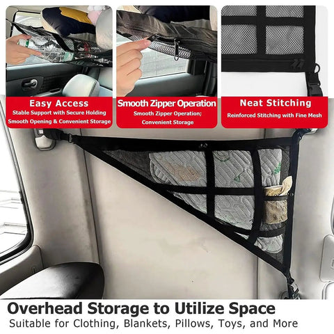 Heavy Duty Ceiling Cargo Net for Dodge Ram 2500 3500 Truck 2010-2026 installed overhead for convenient storage of gear.
