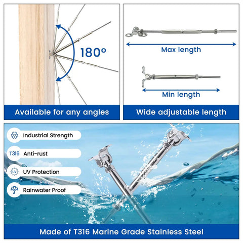 One Eighth Inch Cable Railing Hardware Kit With Swage Toggle Turnbuckles For Wood Posts T316 Stainless Steel Deck Cable Railing System Multi Angle Adjustable Stairs 0 To 180 Degrees 16 Pairs Pack CK07 showing adjustable turnbuckles and stainless steel features