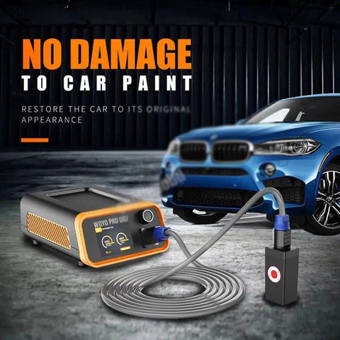 Heavy Duty 800W Paintless Dent Repair Hammer With Digital Display Plus Gloves to Slash Repair Time on Soft Dings and Dents Quick 30 Second Action No Paint Whack for Sedans Trucks Vans next to blue car with no damage to paint.