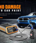 Pro Grade Paintless Dent Repair Kit With Heavy Cut Resistant Gloves Fast Auto Body Straightener showing extraction unit connected to car.