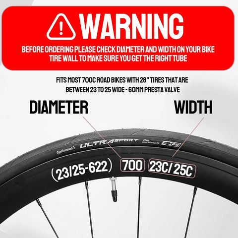 Close-up of 700x23-25c road bike tire showing diameter and width with 60mm Presta valve warning, for 2 Pack 700x23-25c Road Bike Inner Tubes.