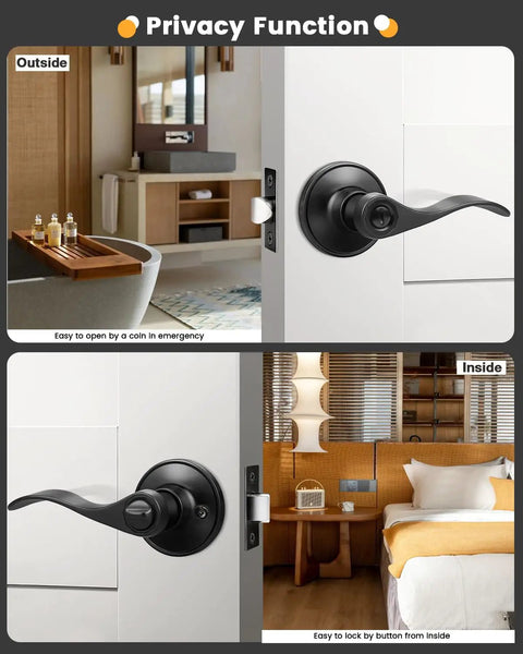 Dope 10 Pack Matte Black Interior Door Lever Kit Boosts Your Room Vibes With Solid Zinc Alloy Build And Smooth Privacy Lock Setup For Beds Or Baths Featuring Easy Left Right Mounting - Privacy function shown inside and outside views.