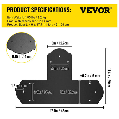 Heavy Duty 6x6 T Bracket Set Eight Black Powder Coated 16 Gauge Steel T Mending Plates with dimensions and specifications