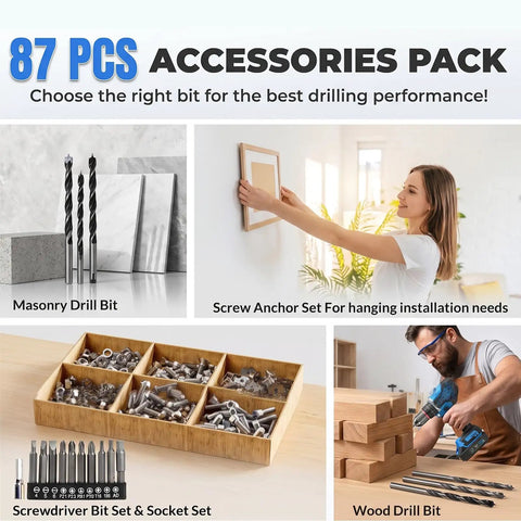 87 PCS Accessories Pack for Premium Quality 21V Brushless Cordless Drill And Driver Kit, featuring various drill bits and tools.
