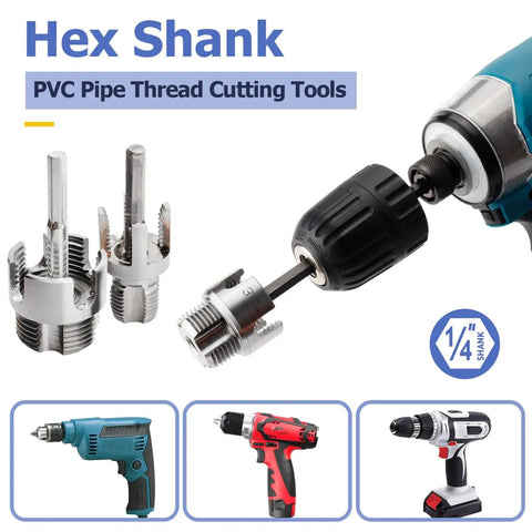 3 Piece Internal And External Pipe Threading Tool Kit Dual Function Threader For PVC Pipes Electric Drill Compatible showing hex shank tools.