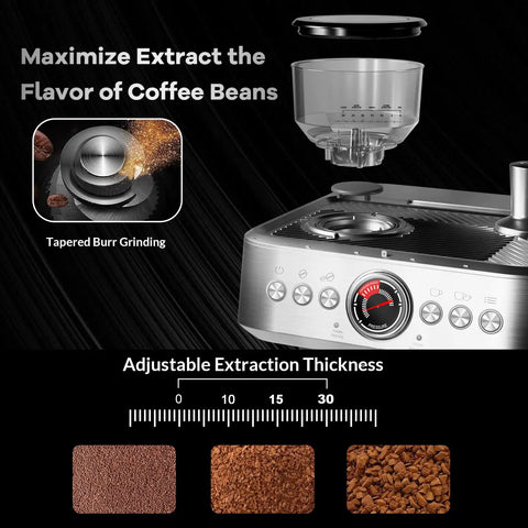 Upscale Semi Automatic Espresso Machine With Built In Grinder And Quick Milk Frother For Straight Up Cafe Quality Shots 85 Oz Removable Tank Solid Stainless Steel Finish with tapered burr grinding system.
