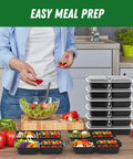 Person in kitchen with stacked 32 Ounce Meal Prep Containers With Lids Three Compartment Reusable Plastic To Go Takeout Food Storage Boxes