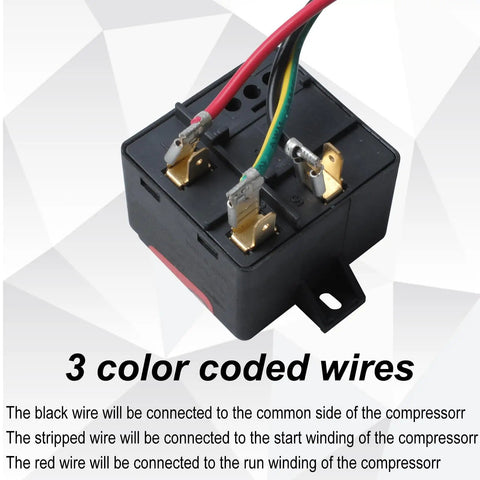 Heavy Duty Hard Start Kit For 1 To 3 Ton AC Units With Prewired CV Capacitor showing connection terminals and color-coded wires.