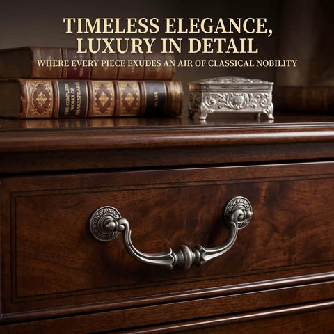 Boss Level Vintage Bronze Cabinet Drawer Pulls With Genuinely Sweet Old School Scrollwork And A Heavy Duty Five Point Five Inch Drop Handle on dark drawer.