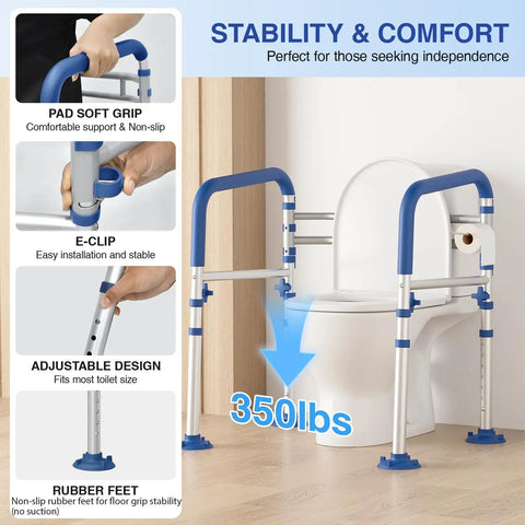 Rock Solid Foldable Toilet Safety Rail For Seniors With Adjustable Height And Width Heavy Duty Aluminum Grab Bar Supports Up To 350 Pounds with blue grips