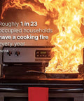 Cooking fire erupting from a pan on a stove highlighting the importance of home safety awareness for 110V Appliance Auto Shut Off Device With Real Time Text Alerts And Smoke Event Tracking For Ultimate Home Fire Safety And Protection Keep Your Place Hella Secure With Professional Monitoring Dashboard Access Available.