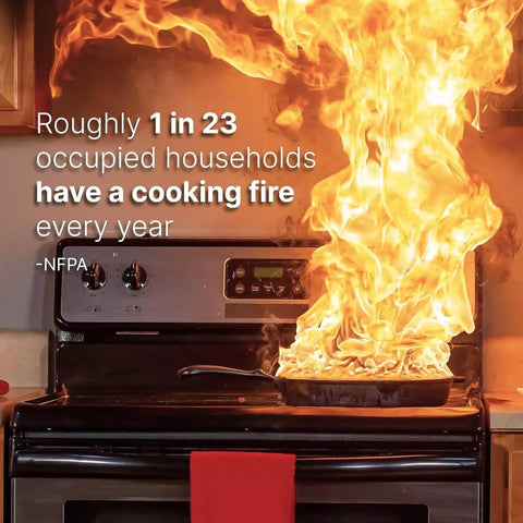Cooking fire erupting from a pan on a stove highlighting the importance of home safety awareness for 110V Appliance Auto Shut Off Device With Real Time Text Alerts And Smoke Event Tracking For Ultimate Home Fire Safety And Protection Keep Your Place Hella Secure With Professional Monitoring Dashboard Access Available.