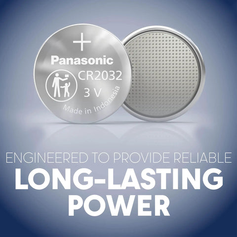 Panasonic CR2032 3V Lithium Coin Cell Battery showing detailed design, part of Cr2032 3V Lithium Coin Cell Batteries In Child Resistant Packaging Delivering Heavy Duty Power In A Top Shelf Ten Pack So Your Gadgets Run Slick And No Sweat Ever.