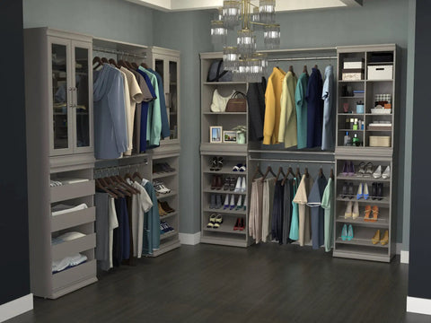 Total Game Changer Modular Closet Organizer With Four Adjustable Angled Shoe Shelves And Slick Taupe Finish For Seamless Stacked Storage Setup Hardware Included in a spacious walk-in closet.