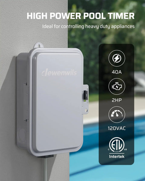 Bulldozer Tough Heavy Duty Mechanical Timer Switch features easy turn dial for pool control, 40A, 120VAC in weatherproof box.