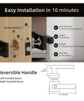 Installation guide for Breezy Setup Smart Keyless Entry Door Lock showing measurements and reversible handle features.