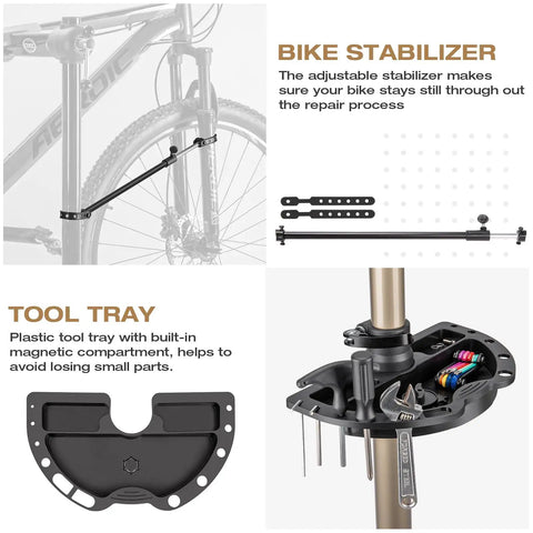 Heavy Duty Bike Repair Stand with bike stabilizer and tool tray for Home Shop and Pro Mechanics Adjustable Bicycle Workstand