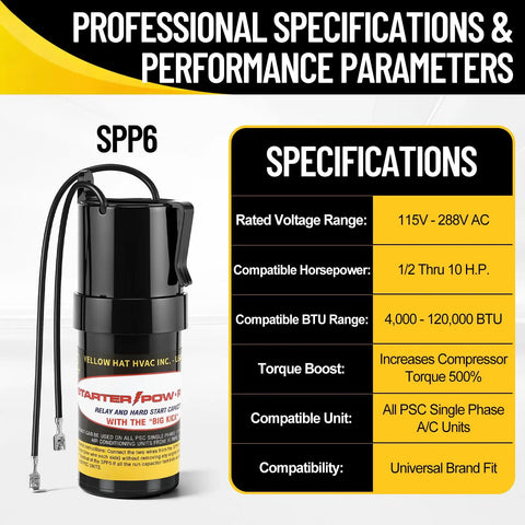 Heavy Duty Hard Start Capacitor Kit For Air Conditioners 115V To 288VAC detailed specifications showing voltage and compatibility.