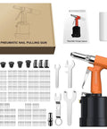 Heavy Duty Pneumatic Rivet Gun Kit With 500 Pop Rivets And Five Swappable Nosepieces Hella Strong For Fast Metal Joining Garage Builds And Custom Rod Projects Looking Tight displayed with accessories and manual.