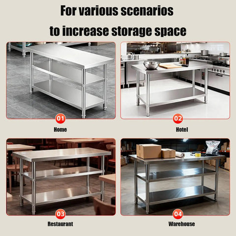 Solid Three Tier Stainless Steel Prep Table Commercial Kitchen Shelving Unit for Home, Hotel, Restaurant, and Warehouse.