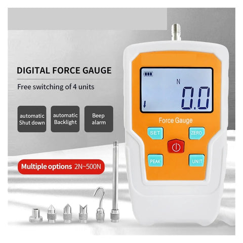 Boss Level Precision Digital Force Gauge Push Pull Tester Spring Load Meter 500N Capacity showing digital screen and measurement buttons.