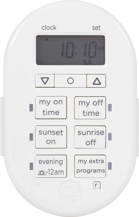 Smooth Operator Indoor Plug In Digital Timer With Two Grounded Outlets And Sunsmart Sunrise Sunset Tracking For Zero Hassle Weekly Scheduling Slick White Build display with buttons for settings and clock.