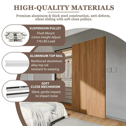 High-quality materials close-up of the 38 Inch Concealed Barn Door Hardware Kit, Sweet Soft Close Slider, showcasing suspension pulley and top rail.