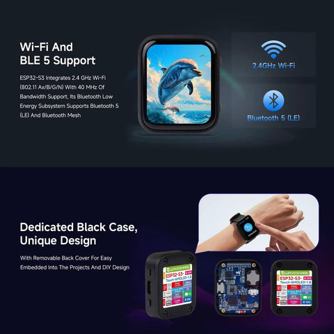 Dope Esp32-S3 1.8 Inch Amoled Touch Screen Module Featuring Ft3168 Capacitive Chip And Xtensa Dual Core Processor With Bluetooth And Wifi Support For Your Next Hella Cool Diy Project with a black case and Wi-Fi icon.