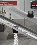 Transform Your Bathroom Game With This Rock Solid 24 Inch Linear Shower Drain Featuring A Brushed Nickel Finish And Serious Flow Capability For Quick Drain Action, showcasing deep V-shape design with flowing water.