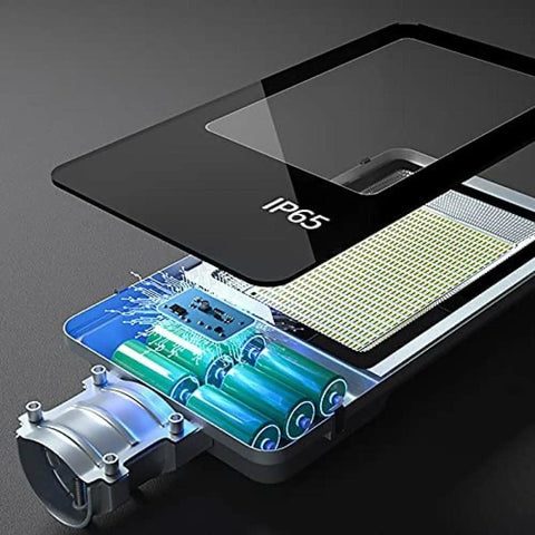 Tough As Nails Outdoor Solar Flood Lights With Smart Motion Sensor and Weatherproof Build internal components showing IP65 rating and batteries.
