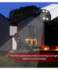 Kickass Outdoor POE IP Security Camera With 8MP 4K Resolution detecting a humanoid at night with built-in flashlight in action.