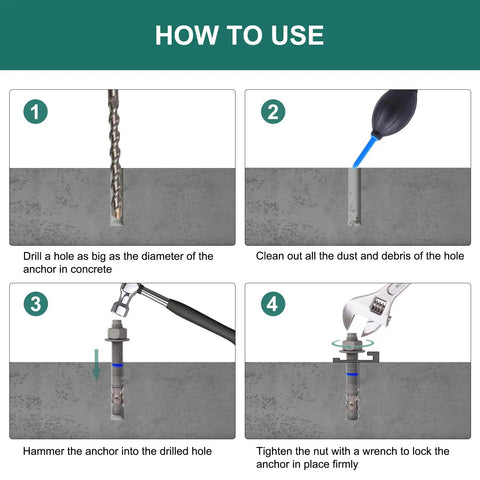 Step-by-step guide on using Heavy Duty 1/2 Inch X 12 Inch Concrete Wedge Anchor Bolt Kit for secure installation.