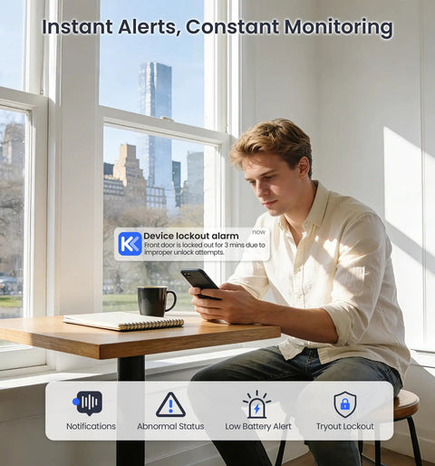 Man monitoring alerts on smartphone next to a mug, showcasing Smart Home Keyless Entry Digital Door Lock With Fingerprint Deadbolt And Handle Set App Remote Hub Free Wifi Security Satin Nickel Finish.