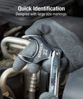 Mechanic using 32mm half inch drive jumbo metric crowfoot wrench in engine, chrome plated for rust resistance, heavy duty ANSI standards