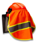 Solid Knitted Neck Shade For Forestry Safety Helmets With 3M Reflective Patch And Super Airy Polyester Fabric on an orange helmet.