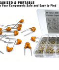 600 Piece Ceramic Capacitor Assortment Kit With 15 Essential Values From 10pF To 100nF in organized storage case with orange capacitors.