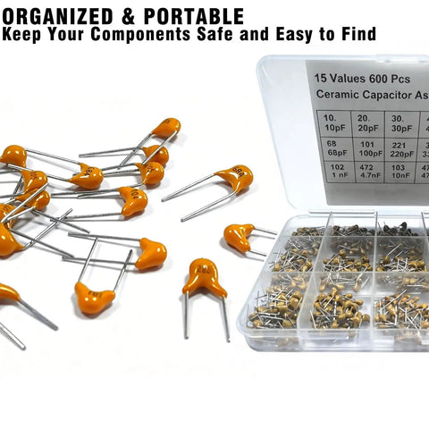 600 Piece Ceramic Capacitor Assortment Kit With 15 Essential Values From 10pF To 100nF in organized storage case with orange capacitors.