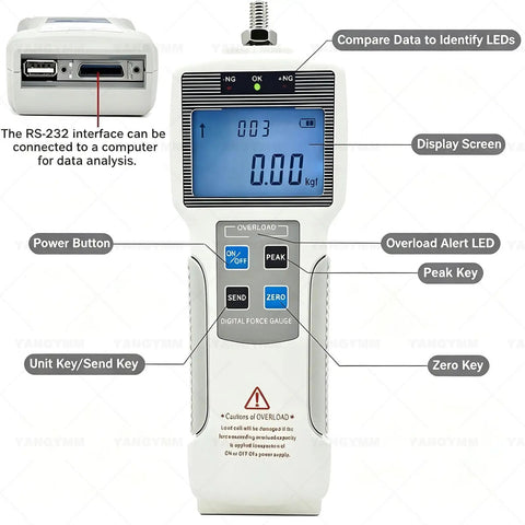 Top Tier Desktop Push Pull Gauge Digital Force Tester Kit With Ruler And Five Swappable Probes showing buttons and display for force measurement.