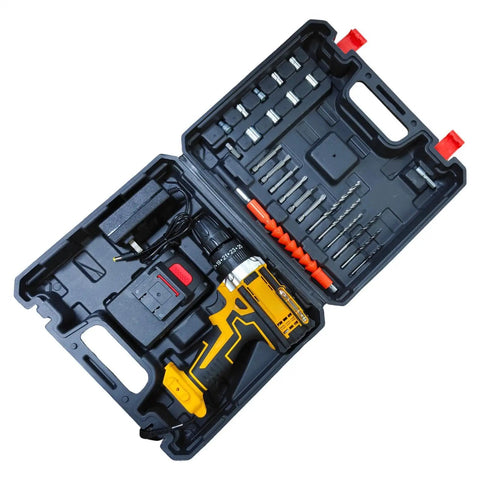 Heavy Duty Cordless Power Drill And 21V Electric Screwdriver Set With Adjustable Torque in a durable carrying case with accessories.