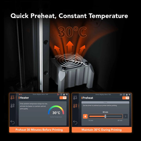 Quick Preheat display of Sick 16K Resin 3D Printer With Hella Crisp Detail And A Smooth 10 Inch LCD Screen for precise temperature control.