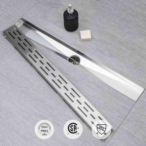24 Inch Brushed 304 Stainless Steel Linear Shower Drain With Removable Grate High Flow 60 Liters Per Minute 2 Inch Outlet Hair Strainer Adjustable Leveling Feet