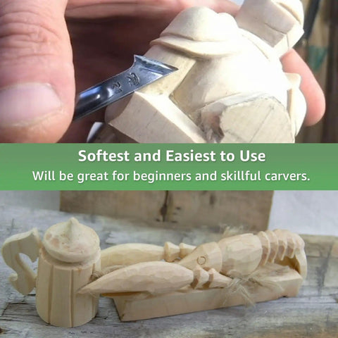 Close-up of unfinished basswood carving blocks with a person whittling, showing detail and use for DIY projects and arts.