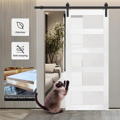 Hella Durable Sliding Barn Door With Smooth Track Hardware Kit For Closets And Hallways Featuring Five Tempered Frosted Glass Panels On A Waterproof PVC Coated Frame Designed For A No Sweat DIY Setup And Rock Solid Feel, shown with cat.