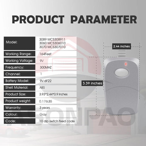 Two Button MultiCode Gate Opener Remote For 3089 308911 3060 3070 MCS Multi Code Garage Door Openers product dimensions chart
