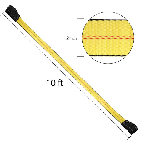 2 Pack 10 Foot Long Lifting Slings 2 Inch Wide Heavy Duty Nylon Web Slings With Flat Eye Ends For Hoist Tow Winch Truck Boat And ATV 10000 Pound Capacity Durable Nylon Low Stretch Abrasion Resistant shown in yellow with measurements