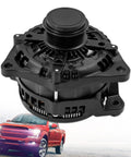 Heavy Duty 330 Amp High Output Alternator Fits Ford F150 Pickup with 5.0L and 3.3L Engines 2011 to 2020, top view with black finish.